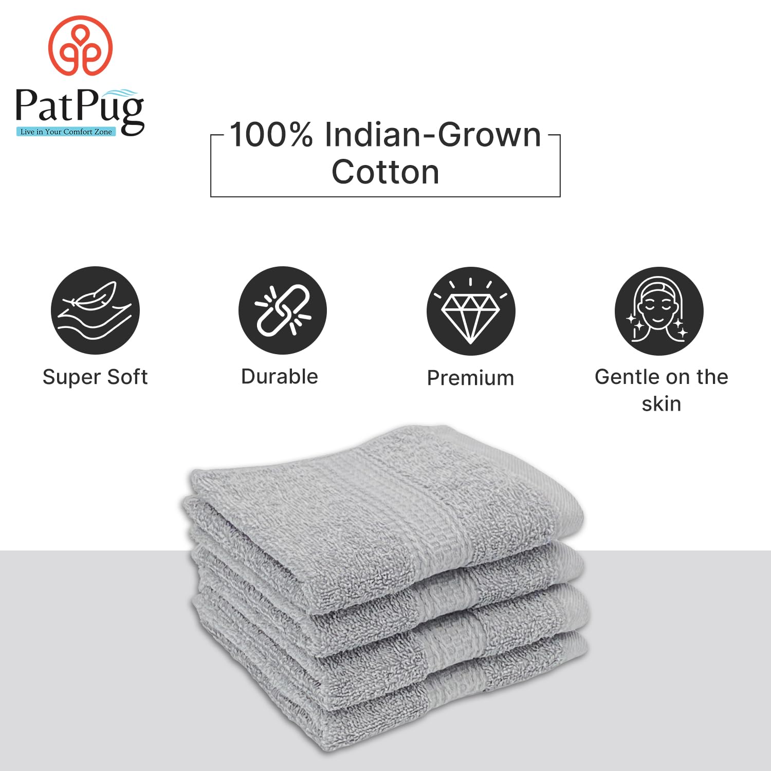 Patpug 100% Indian Ultra Soft Cotton Face Towel 500 Gsm | Napkin, Baby Face Towel, For Facewash, Gym, Travel, Hanky (Silver Grey) | Pack Of 4