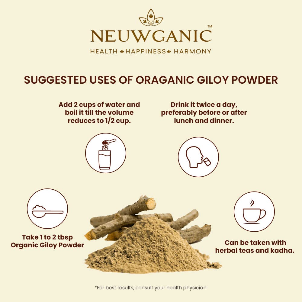 Neuwganic Organic Giloy Powder India Organic & Usda Organic Certified, For Reducing Inflammation, Detoxifying Body, Improving Function, Regulates Sugar | 450gm 0.9lbs