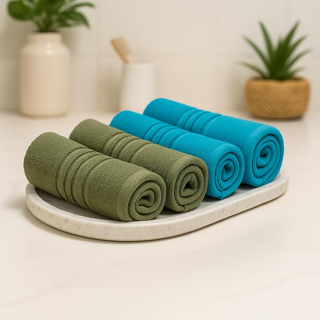 Akiko Home 100% Cotton Essential Series Face Towel 600 Gsm | Soft Absorbent & Durable Washcloth For Men & Women, Compact Travel Towel -Pack Of 4 (Green & Teal)