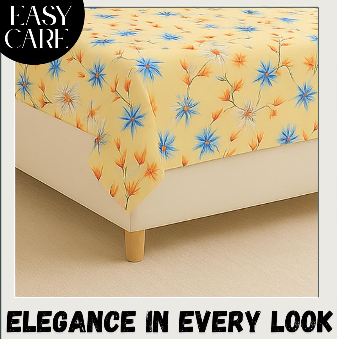 Single Bedsheet With 1 Pillow Cover - Size 90 X 60 Inches, Beige & Blue | Soft Touch Cotton Fabric-Comfortable & Durable | Elegant Printed Bedding Set For Daily Use