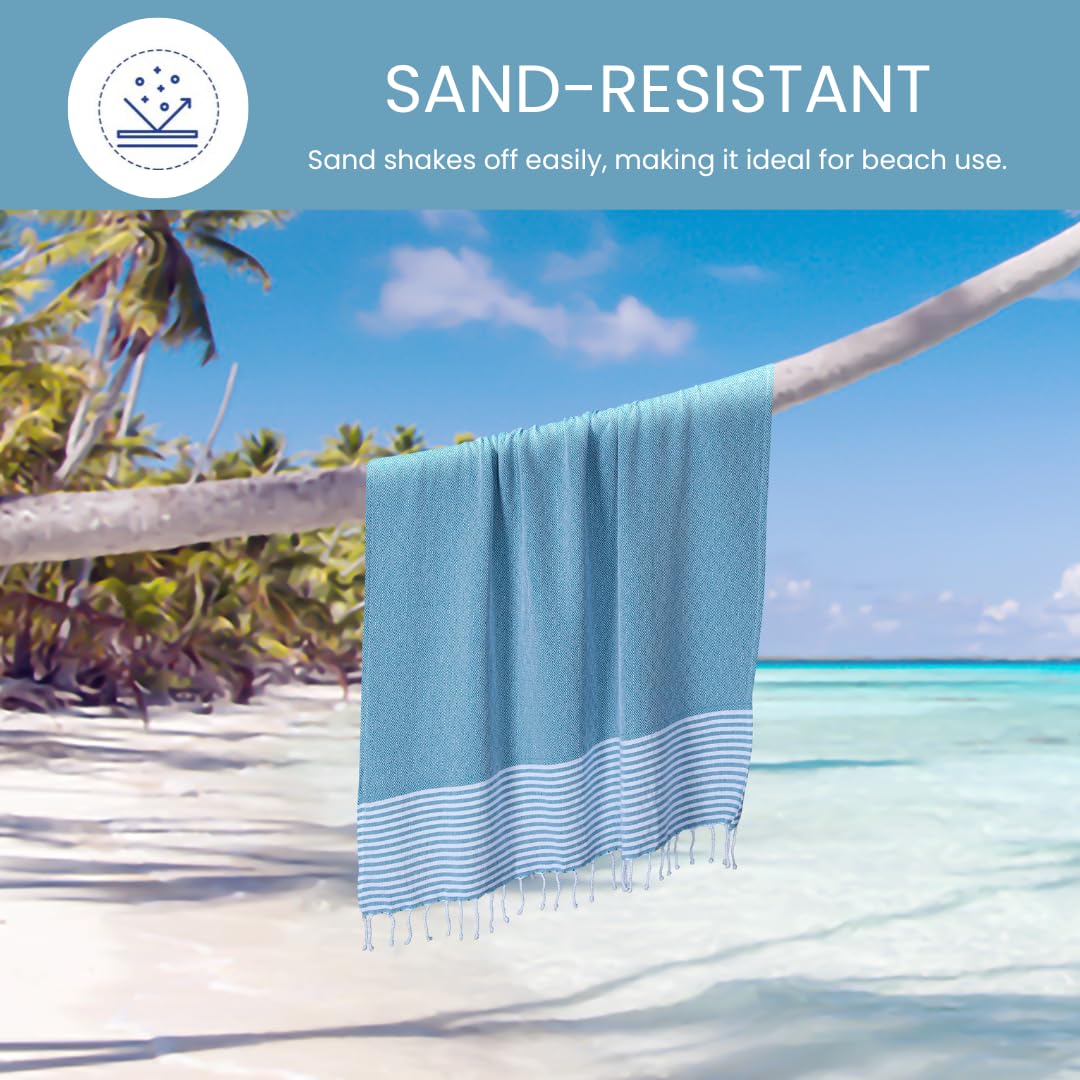 Destin Home Turkish Peshtemal Beach Towels 1.5 Kg | Cotton Soft, Lightweight, Quick-Drying & Absorbent For Beach Pool Spa Picnic Travel (Aqua)- Set Of 4