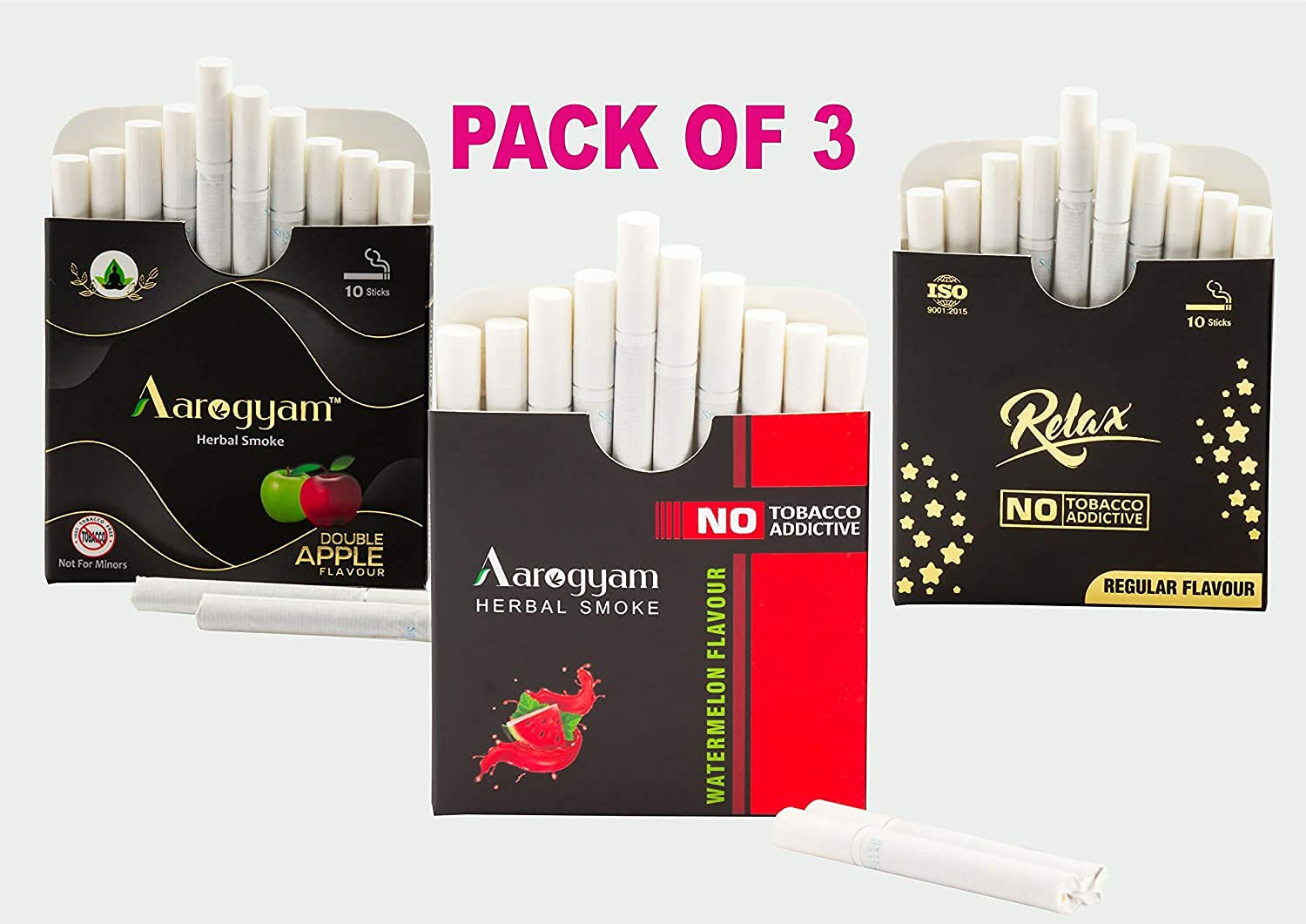 Aarogyam Herbals Tobacco & Nicotine Free Herbal Flavored Cigarette For Relieve Stress And Mood Enhance Product  Double Apple, Watermelon, Relax Flavour - Pack Of 3 30 Sticks