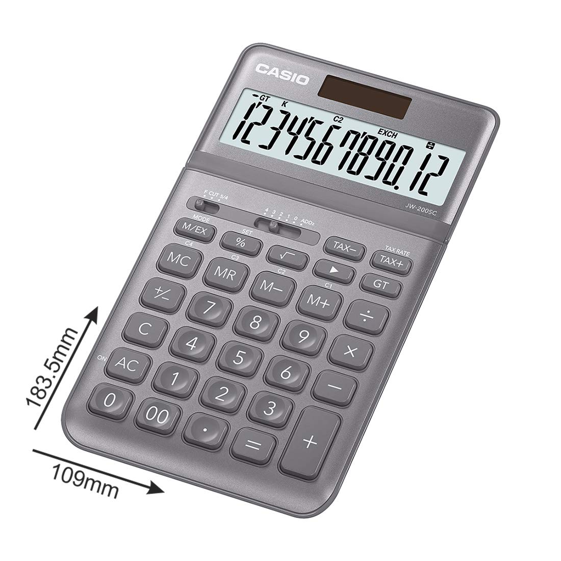 Casio Jw-200sc-gy Premium & Stylish Calculator (Grey) | 12 Digits, 2-way Powered - Tax Calculation, Currency Exchange Calculation, Percentage