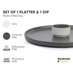 Large Round Ceramic Serving Platter, Grey - 1 Platter + 1 Dip Bowl, 75ml Japandi Series | Big Serving Plate Set With Matte Finish - Platters Serving Set | Ceramic Round Platter - Microwave Safe