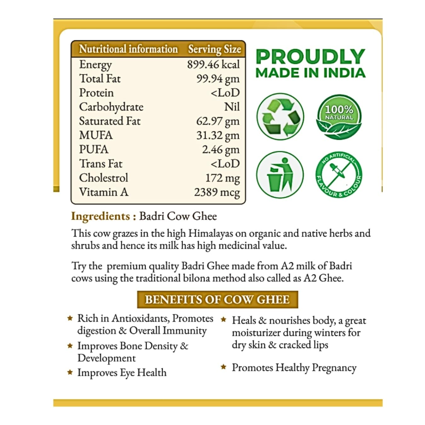 Organic Himalayan Badri Cow Ghee By Himfood | Highly Nutritious Helps Keep Your Heart Healthy Desi Cow Ghee | (500ml) 16.9 Ounce | Jar Pack