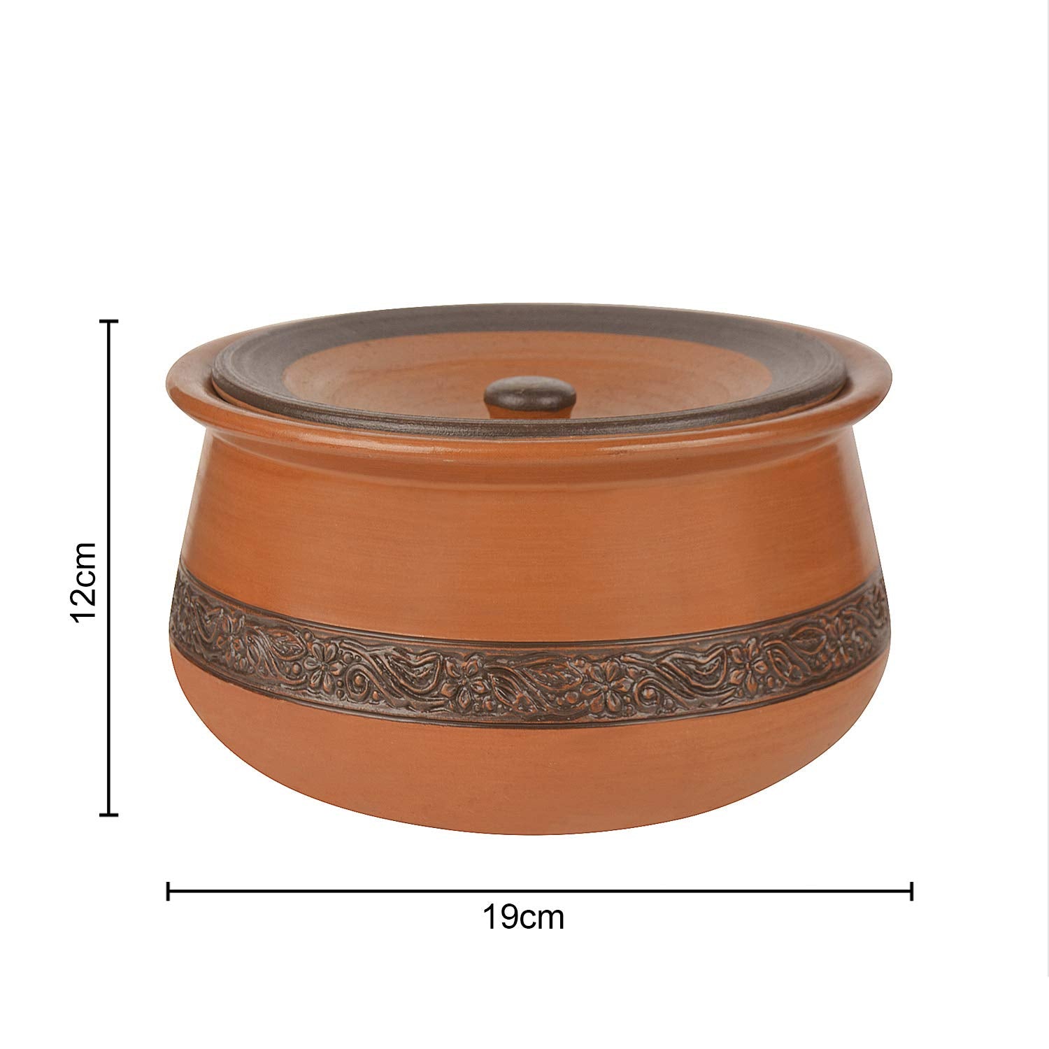 Handcrafted Ornately Designed Earthenware Handi With Lid - Brown, 2 Liters | Clay Dahi Handi - Cooking & Serving Pot