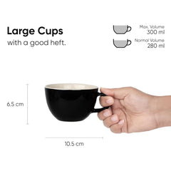 Large Ceramic Coffee Cup Set Of 2 - Black, 300ml Each | Cappuccino Cup With Glossy Finish - Large Ceramic Coffee Cup | Premium Stoneware Coffee Cup - Microwave Safe