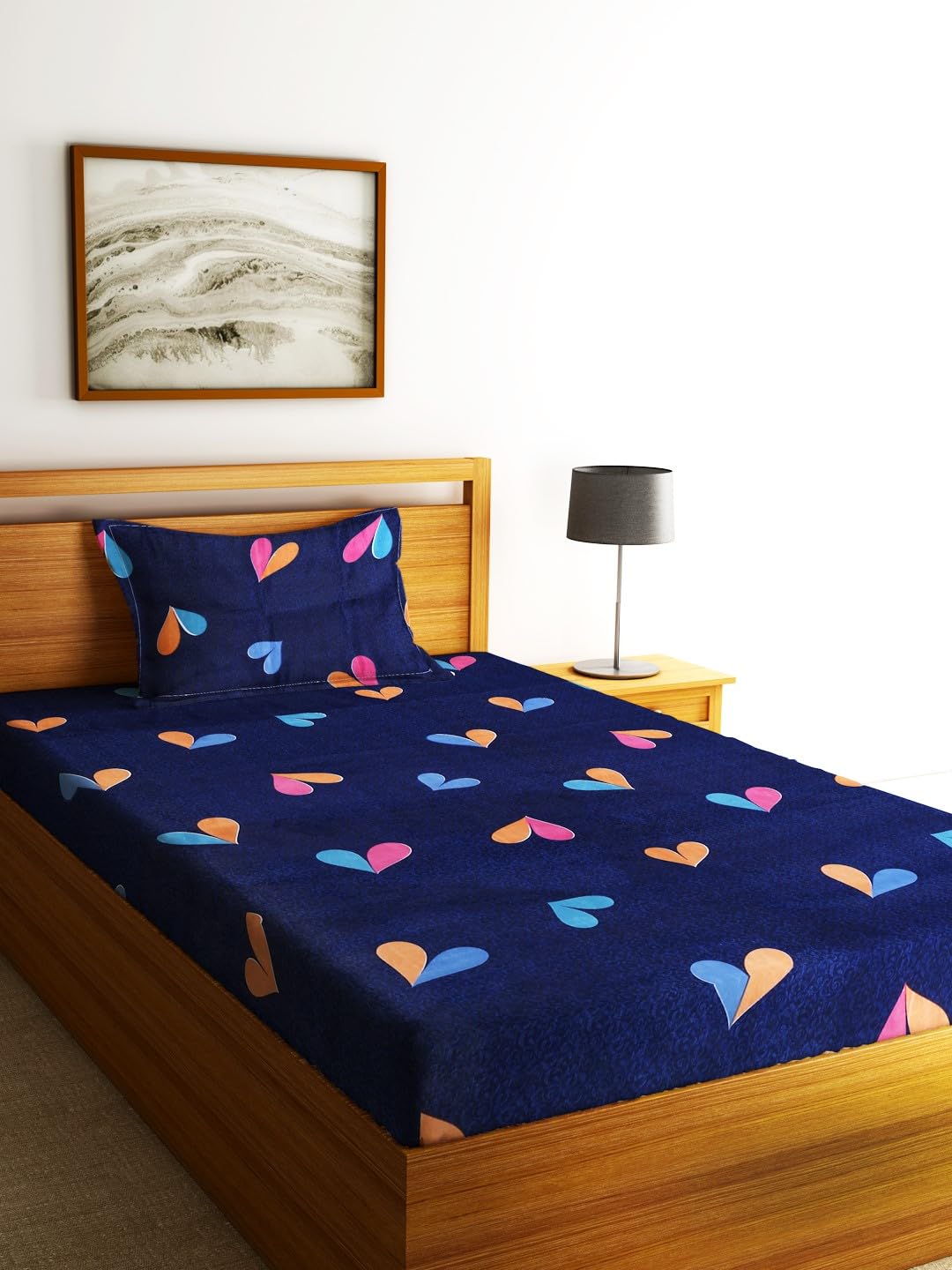 Single Bedsheet With 1 Pillow Cover - 55 X 86 Inches, Navy Blue | Normal Hand Wash Or Machine Wash | Breathable & Wrinkle Free