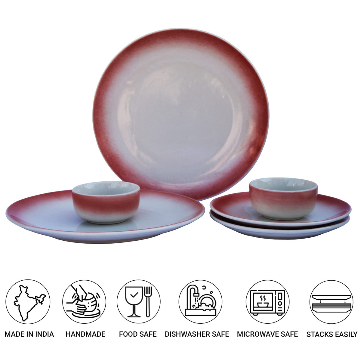 Handcrafted Ceramic Stoneware Dinner Set Of 6 - Off White & Red | 2 Dinner Plates, 10 Inch Each+ 2 Small Plates, 7 Inch Each + 2 Small Dinner Bowls, 180ml Each | Microwave & Dishwasher Safe