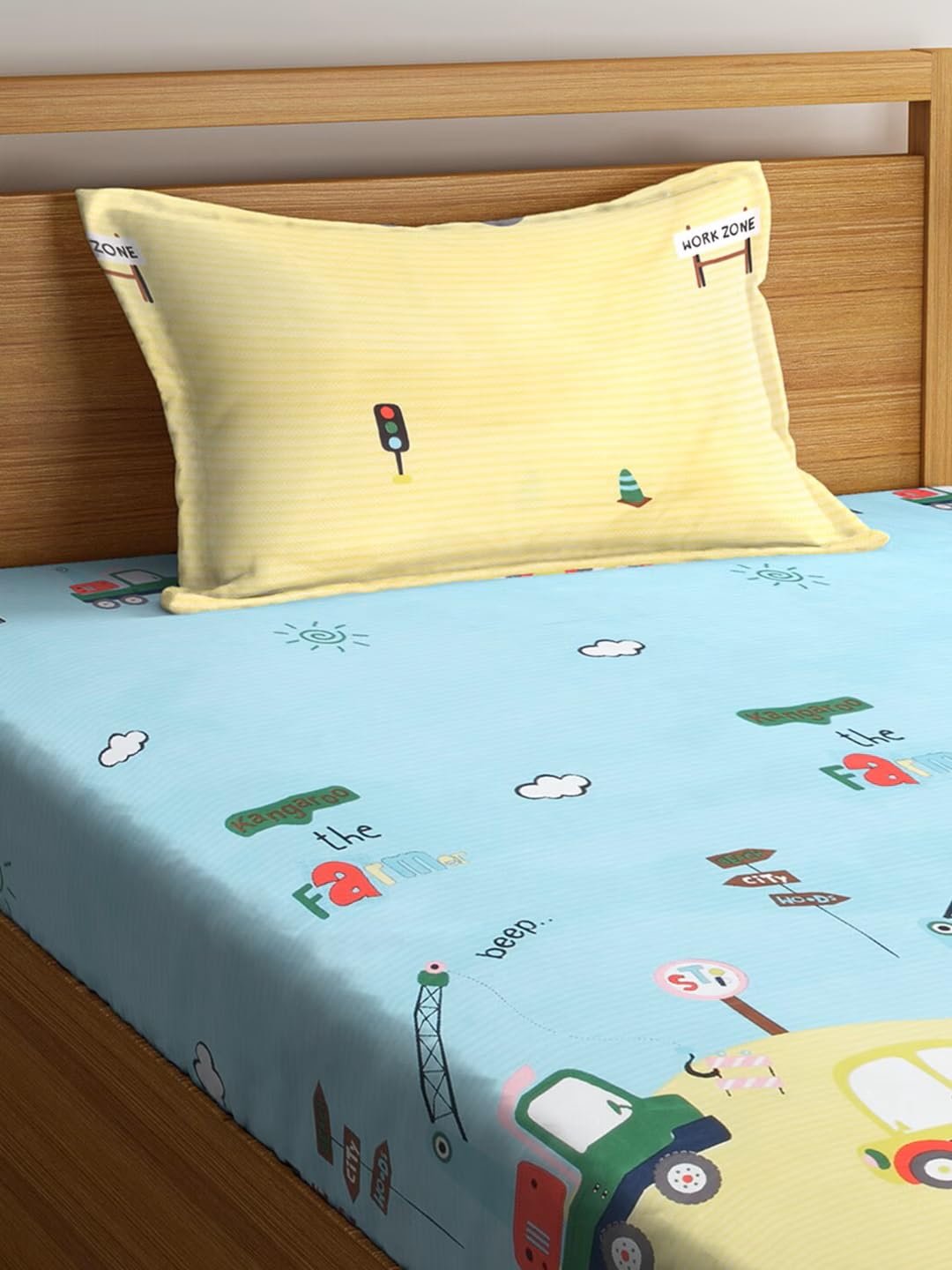 Cartoon Printed Single Bedsheet For Kids With One Pillow Cover - 60 X 90 Inches, Yellow & Sky Blue | 300 Thread Count - Wrinkle Free Soft Perfect For Everyday Use
