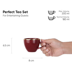 Real Gold Line Ceramic Tea Cups Set Of 6 - Burgundy Gold Line, 200ml Each | Tea Cup Set Of 6 - Premium Ceramic Tea Set With Glossy Finish | Ceramic Tea Cup