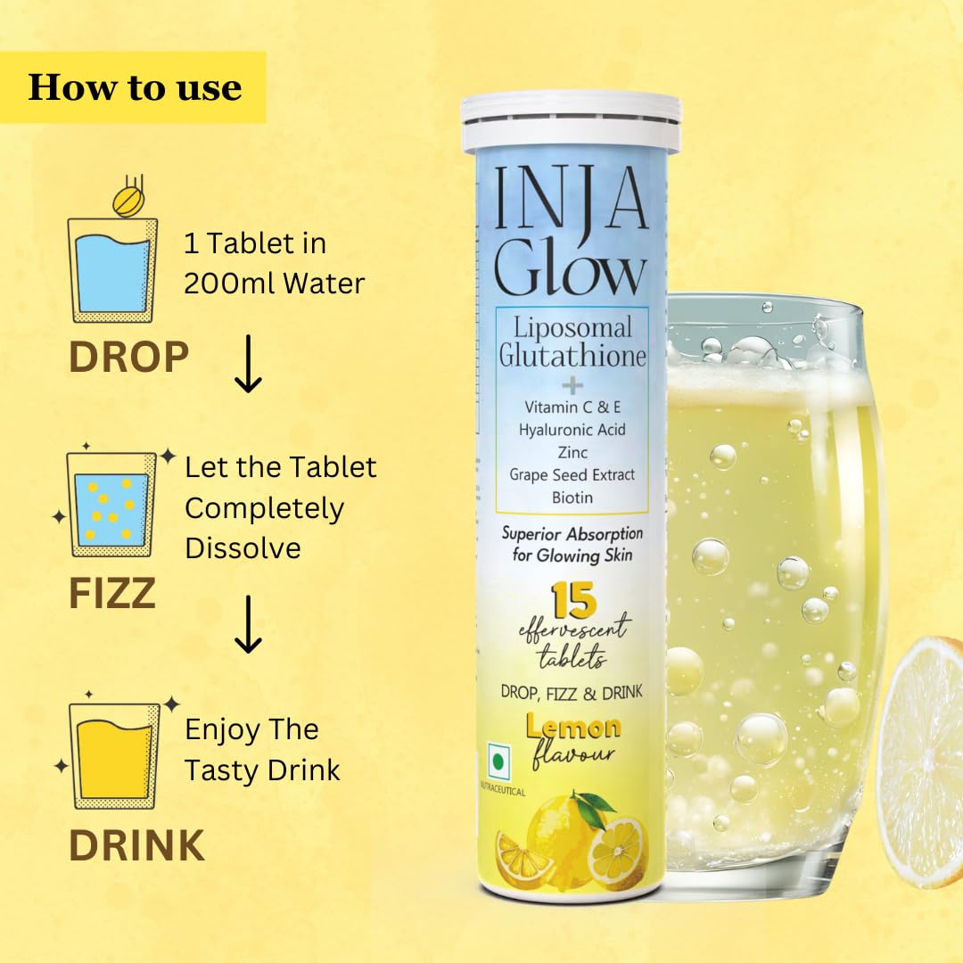 Inja Glow Liposomal Glutathione + Vitamin C & E, 4x Effective, Hyaluronic Acid Zinc, Grape Seed Extract For Enhances Skin Glow, Reduces Dark Spots | 15 Tablets, Lemon Flavour , 50gm 0.1lbs