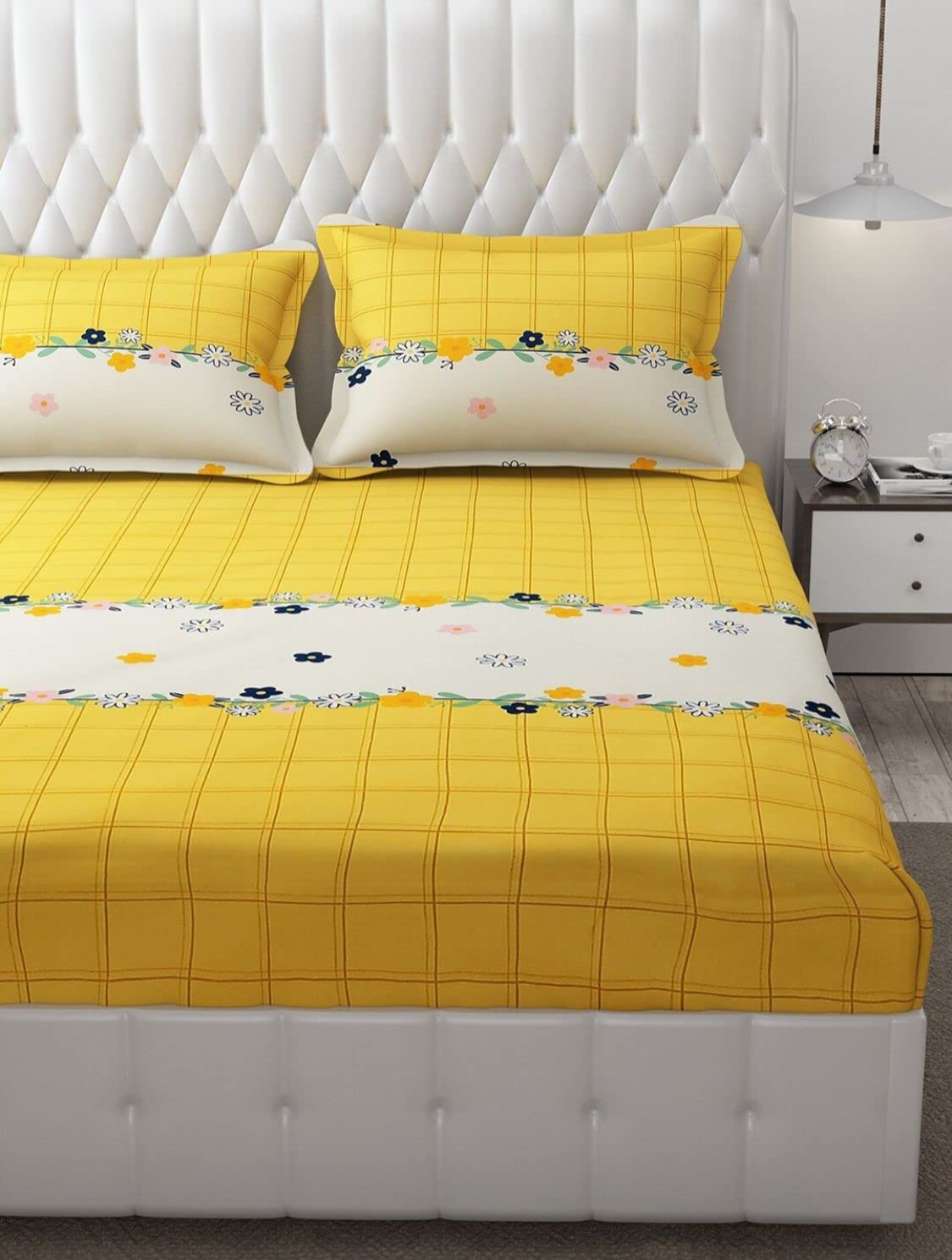 Cotton Elastic Fitted Printed Queen Size Double Bed Bedsheet With 2 Pillow Cover | 60 X 78 Inches, Yellow & Cream - Soft Touch, Wrinkle Resistant, Skin Friendly