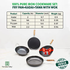 Pre-Seasoned Iron Cookware Set + Free Wok 25 Cm, 2.2 Liters | Kadai 24 Cm, 2 Liters + Fry Pan 24 Cm, 1.5 Liters + Tawa 26 Cm | Kitchen Cooking Combo Pots & Pans Set Of 4 Pcs - Naturally Nonstick