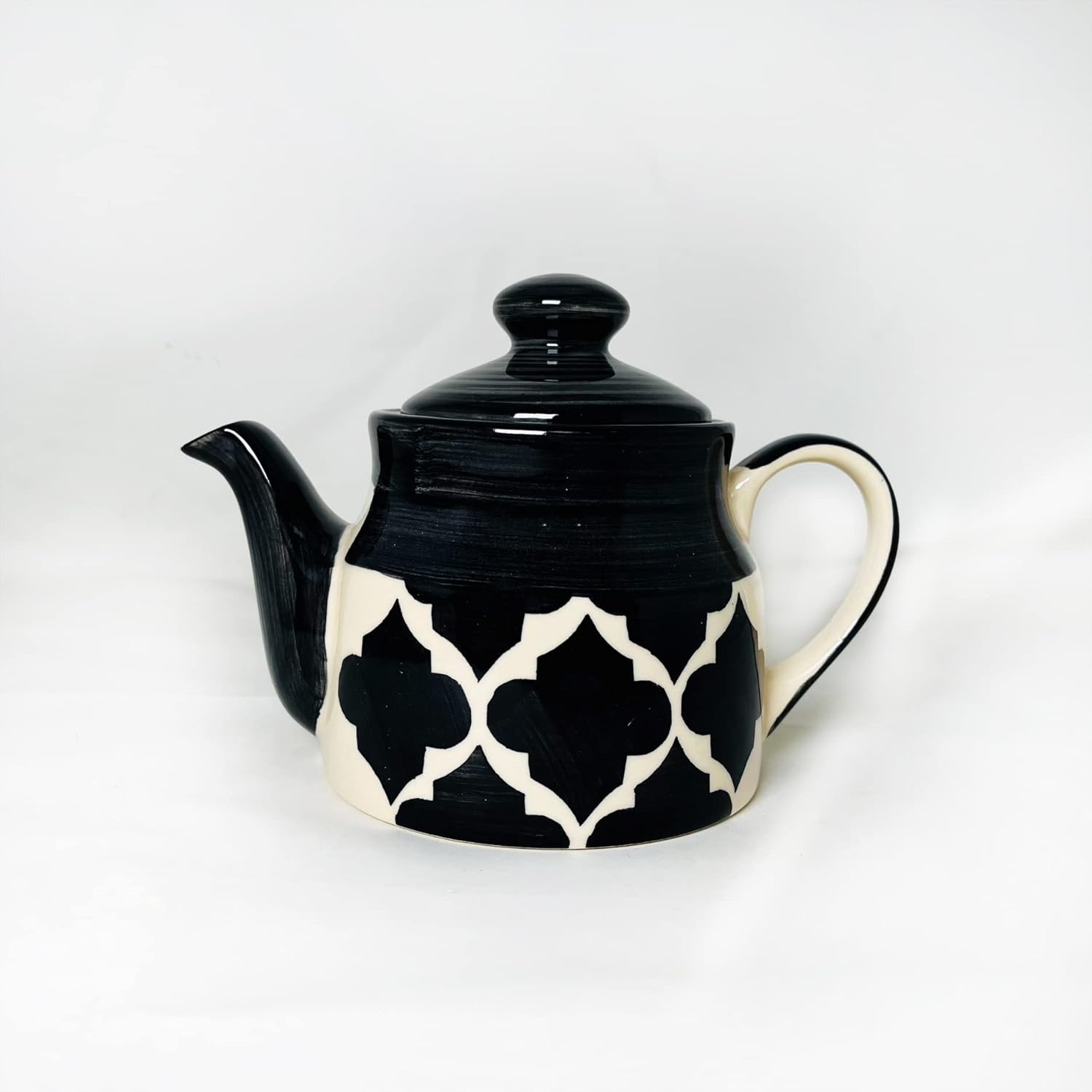Hand Painted Black Moroccan Tea Set With Kettle - Ceramic Tea Kettle Set With 4 Cups, 150ml Each + 1 Kettle, 700ml + 1 Tray | 6 Pieces - Microwave Safe & Dishwasher Safe