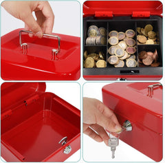 Portable Locking Small Cash Box For Money, Pocket Money Box With Key Lock, Money Slot, Double Layer 2 Keys For Security, Durable Cash Box With Tray, Colour - Red, Material - Alloy Steel