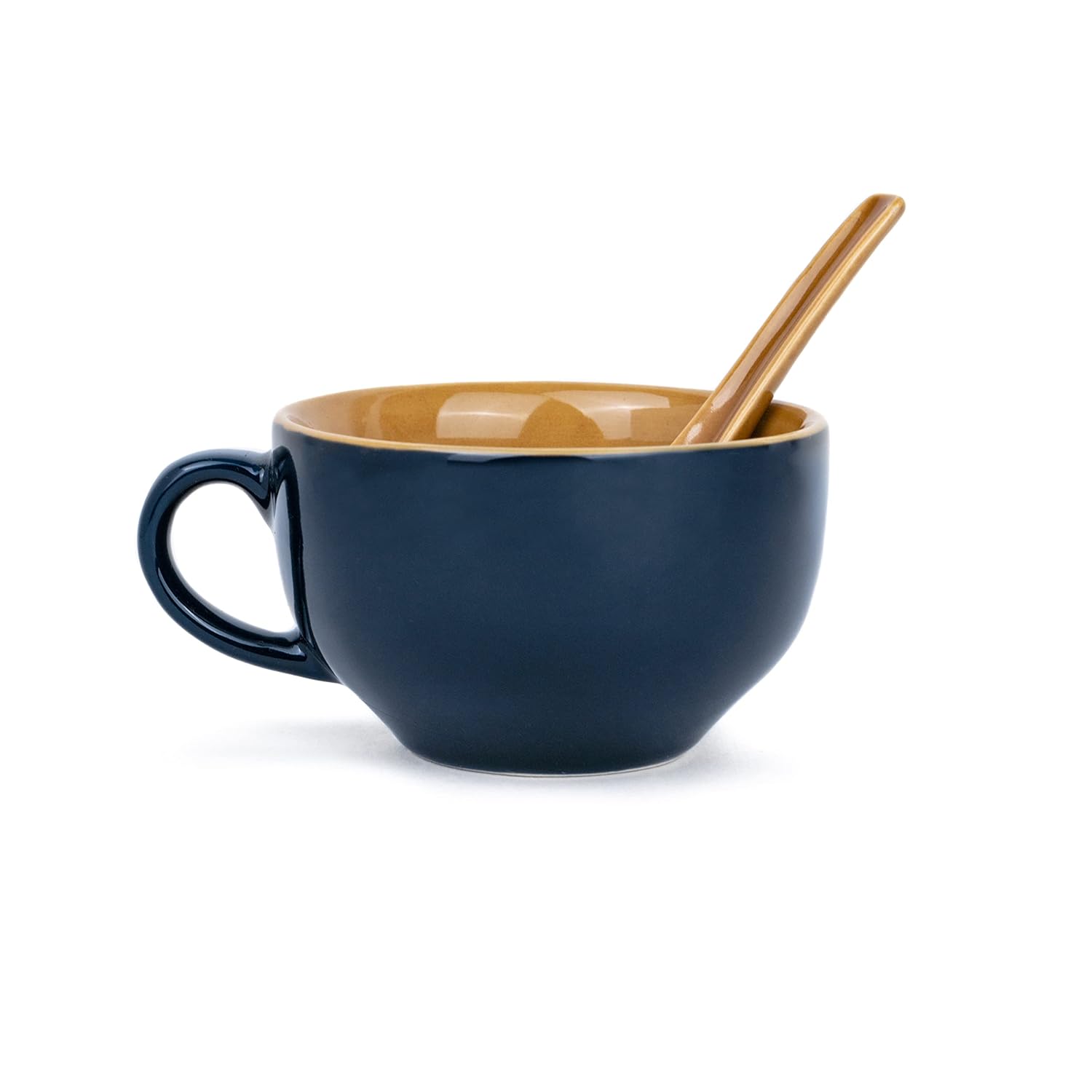 Ceramic Soup Bowl Set With Spoon Set Of 2 - Persian Blue, 350ml Each | Soup Mug - Soup Cup | 2 Soup Bowls + 2 Soup Spoons | Glossy Finish Ceramic Soup Bowls - Microwave Safe Soup Cup Set