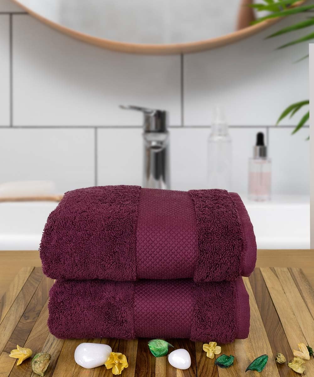 Rangoli Soft Absorbent Durable Towels Earthly Egyption Cotton Plush Oversized Small Size Bath Towel 600 Gsm (Maroon)- Pack Of 2
