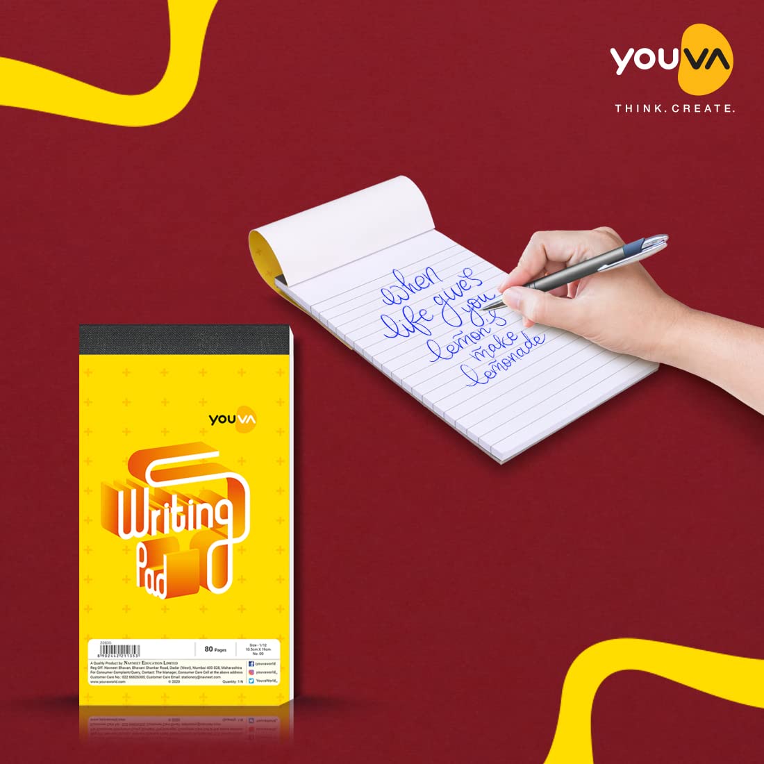 Patti Bound, Writing Pad, 10.5x19 Cm, Single Line For Everyday Use (Yellow) 80 Pages, Pack Of 5