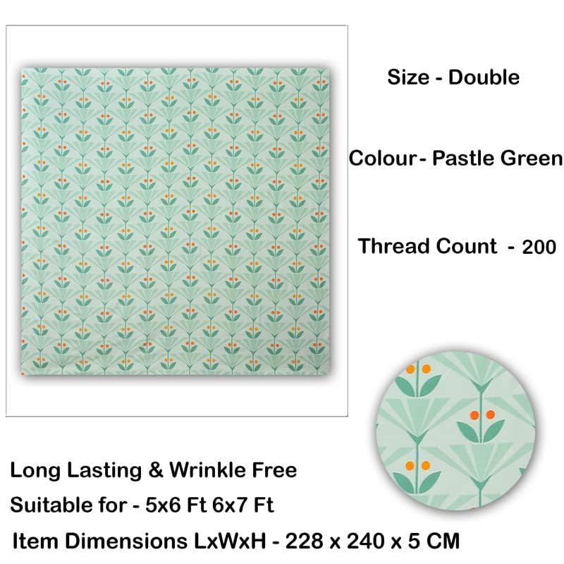 100% Cotton Bedsheet For Double Bed With Two King Size Pillow Covers | 90 X 100 Inches, Light Green | Premium Super Soft Super Cotton Bedsheet