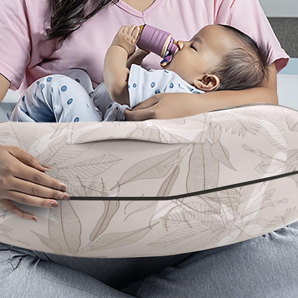 Feeding Pillow For New Born Baby, 5 In 1 Multipurpose Use, Nursing Pillow, Light Brown | Belt & Hoop For Breastfeeding With Cotton Removable Cover | Stay-Put Support For Every Position