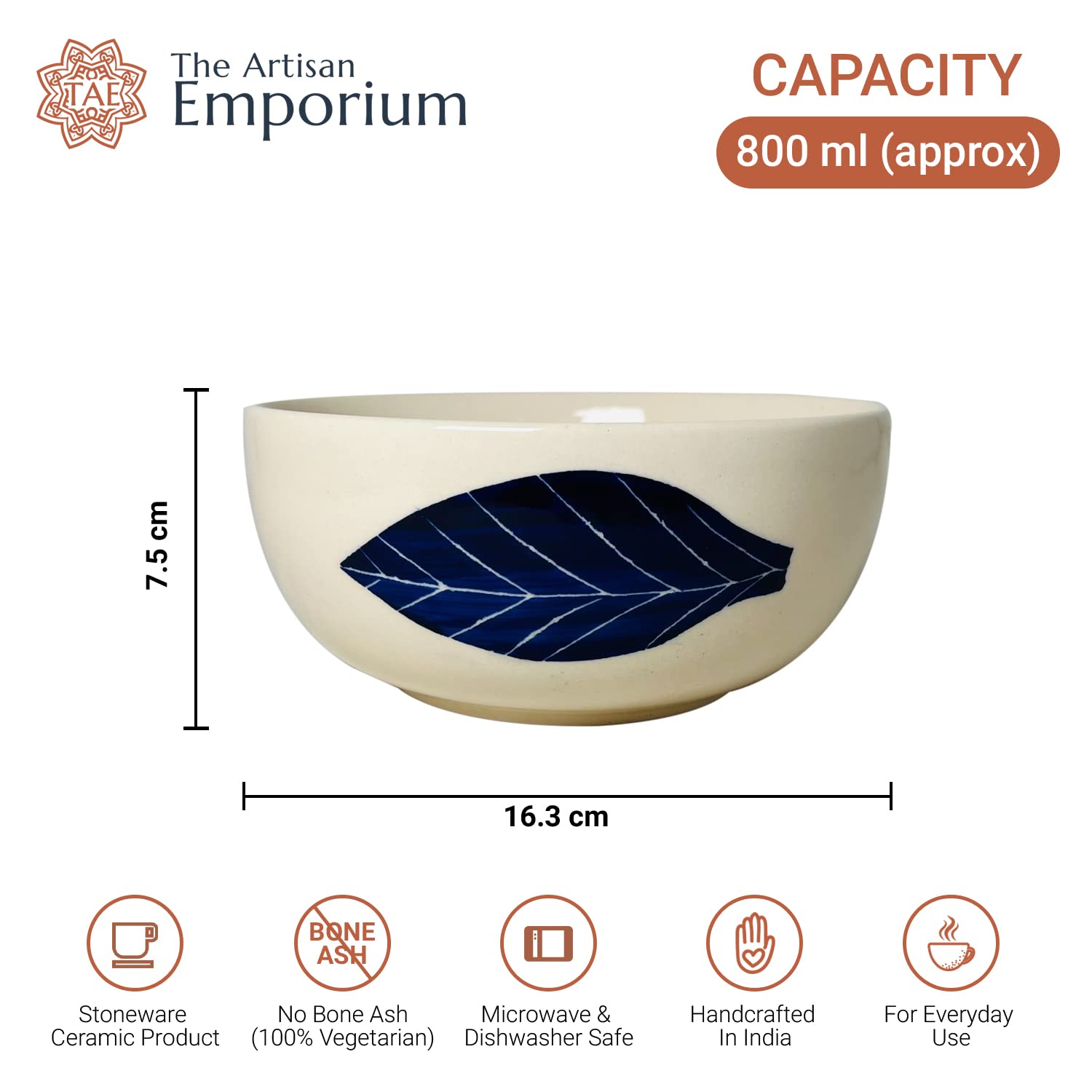 Patram Ceramic Serving Bowl Set Of 2 Pieces - 800ml Each, White & Blue | Hand Painted Large Dining Serving Bowls For Serving | Microwave Safe & Dishwasher Safe