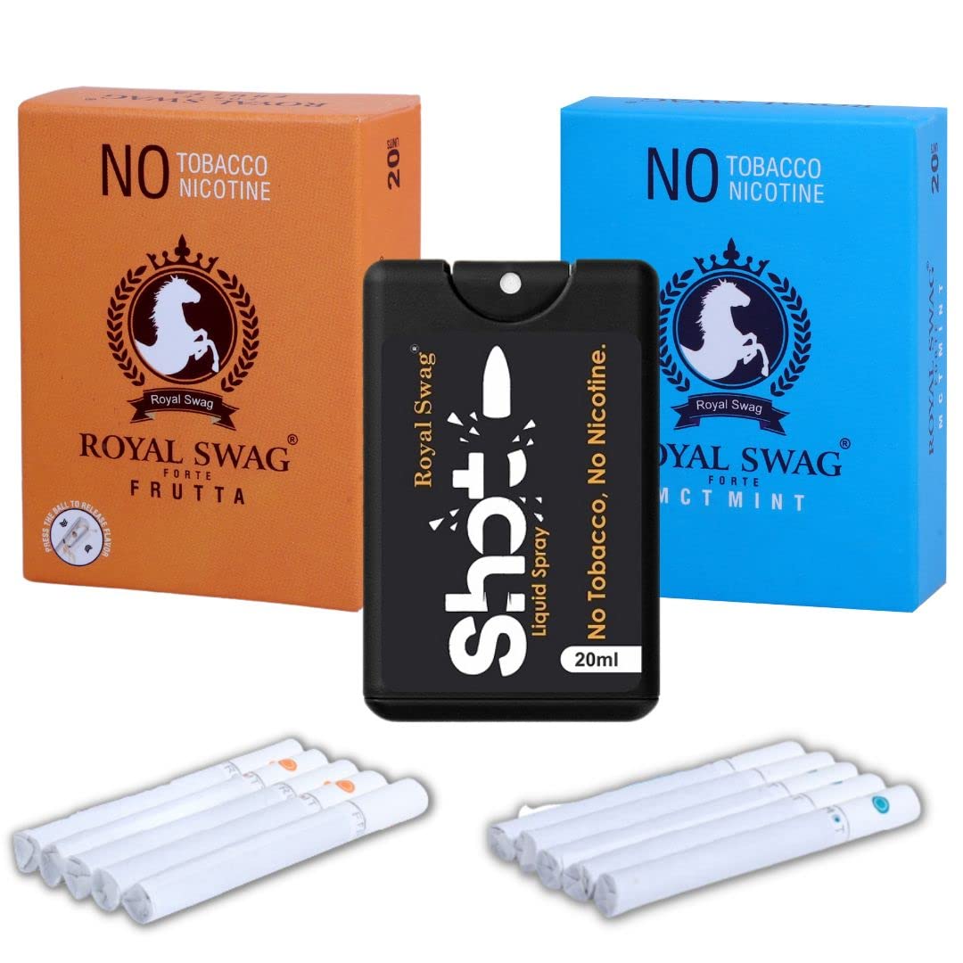 Royal Swag Herbal Cigarette Mint, Frutta Flavoured 40 Sticks 100% No Nicotine & No Tobacco - Smoking Cessation With 100% Natural 20ml Shot Anti Addiction Spray | Pack Of 40