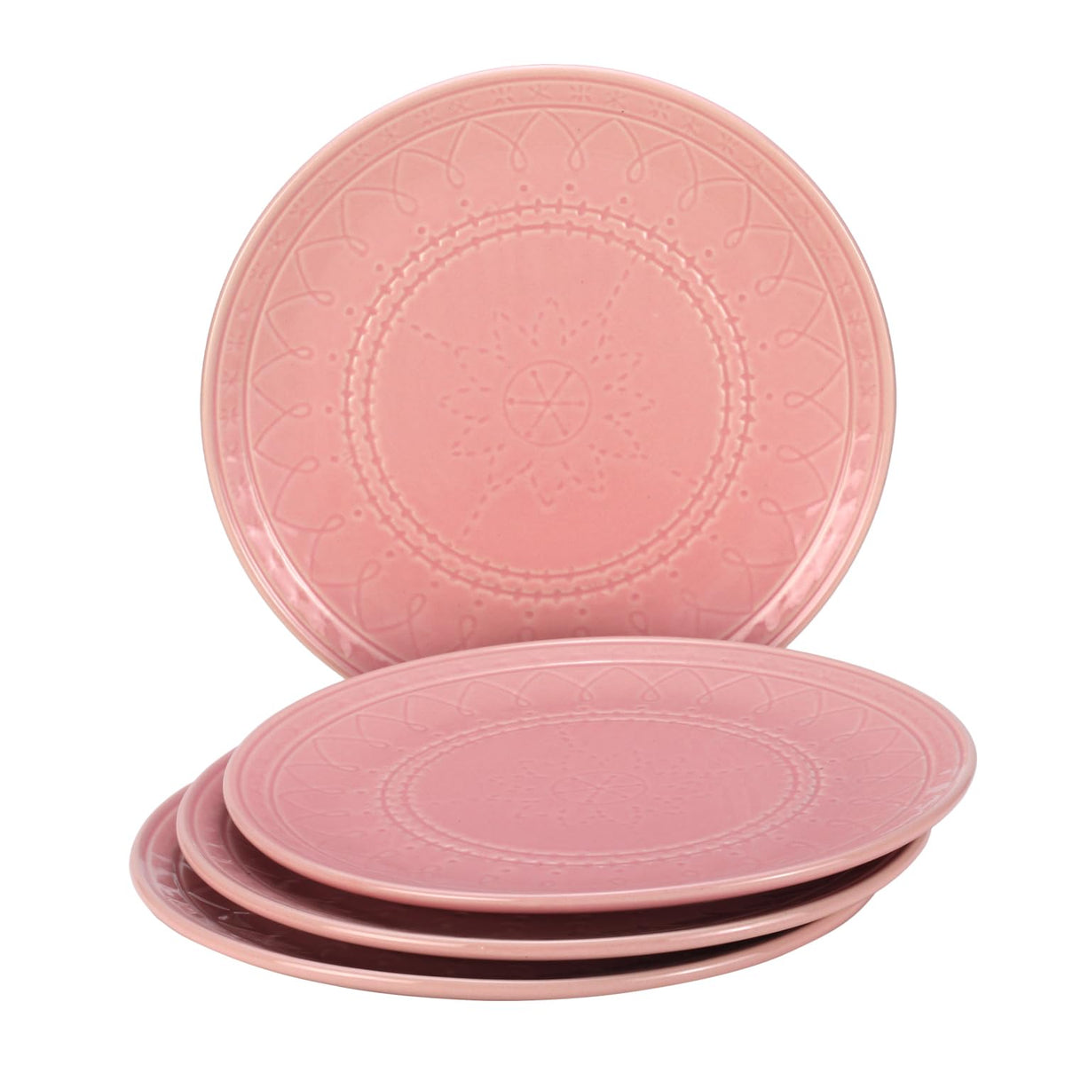 Ceramic Hand Glazed Stoneware Embossed Large Dinner Plates Set Of 4 - 10.6 Inch, Light Pink | Microwave Safe & Dishwasher Safe