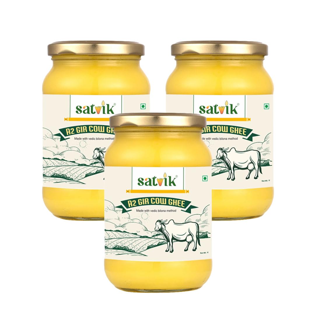 100% Natural A2 Gir Cow Ghee By Satvik Pure Ghee | Healthy & Delicious Nutrients Lab Certified Desi Ghee Good For Overall Health | 3 Litr (1 Litr * 3) 101.4 Ounce | Jar Pack