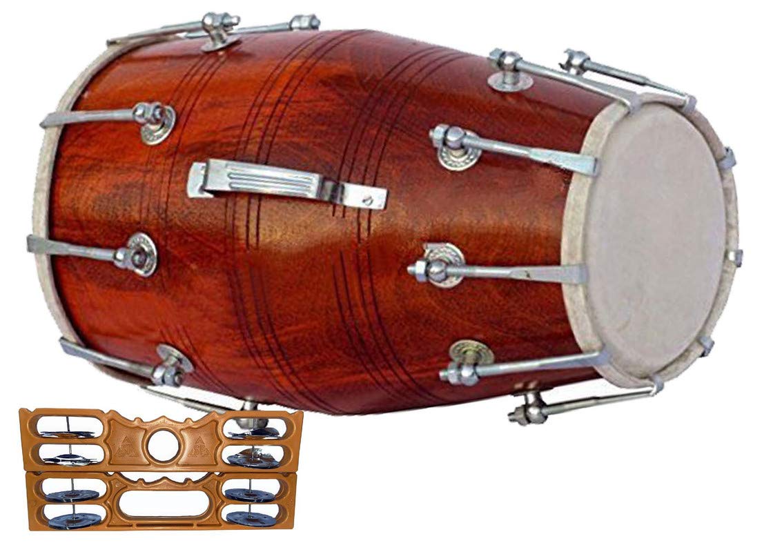 Wooden Nut & Rope Goat Skin Dholak With Khartal, Beautiful Shiny Color Brown 03 - Perfectly Symmetric Round Dholak | Dholak For Festival, Wedding, Satsang - Very Easy To Tune, Easy To Learn