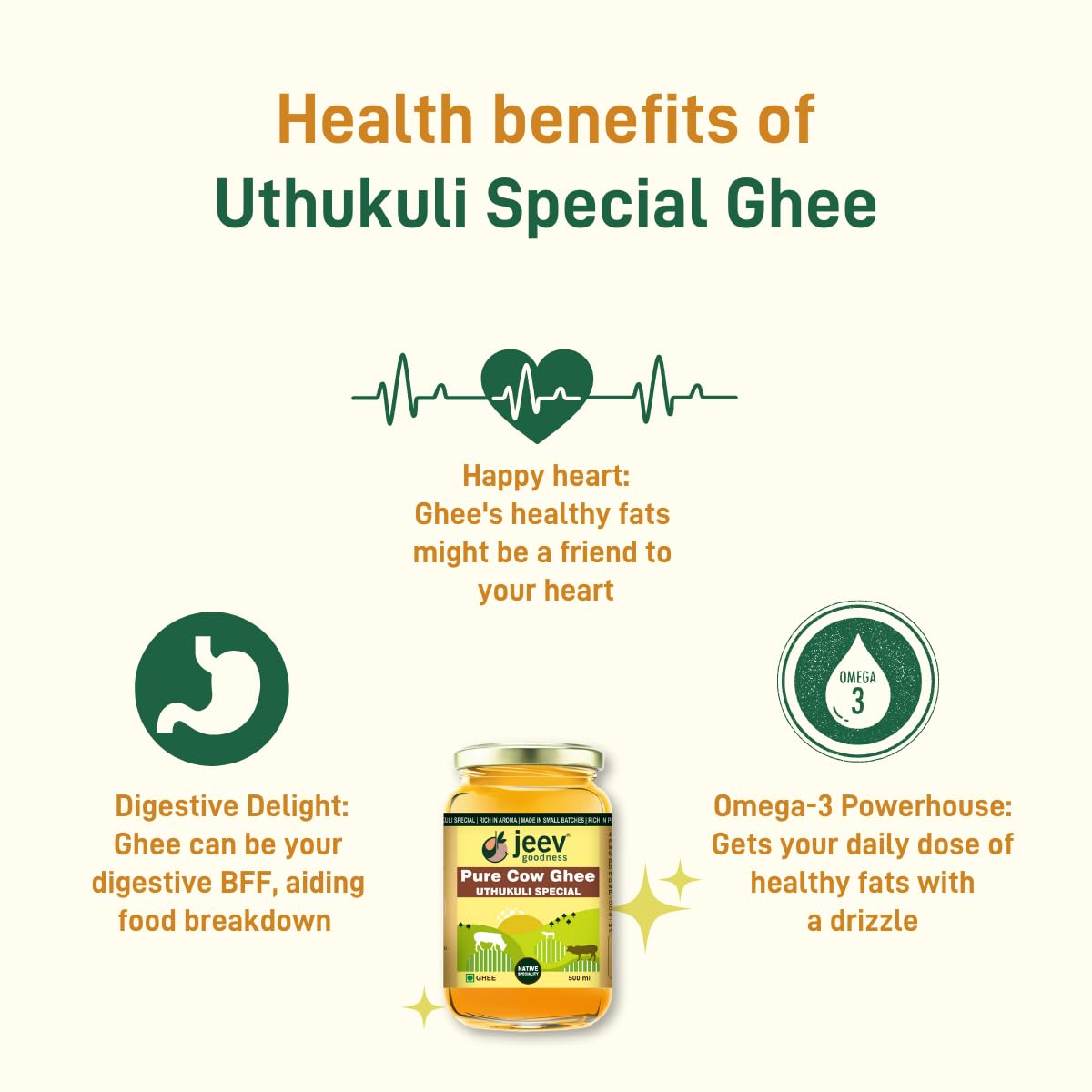 Organic Natural Uthukuli Special Cow Ghee By Jeev Goodness | Natural & Healthy Pure Cow Ghee Good For Body Energy | (500ml) 16.9 Ounce | Jar Pack
