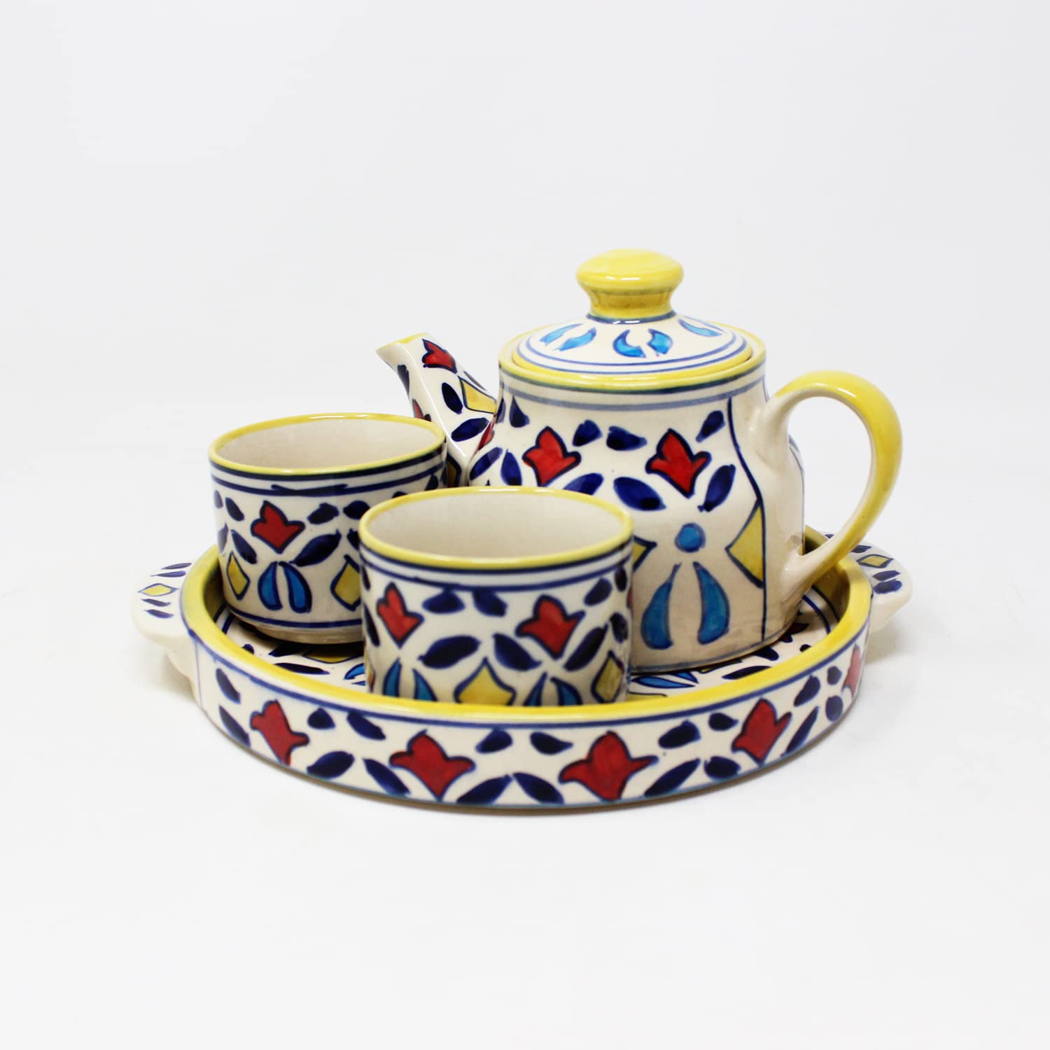 Hand Painted Multicolored Persian Print Tea Set With Kettle | Ceramic Tea Kettle Set With 2 Cups, 150ml Each + 1 Kettle, 400ml + 1 Tray | 4 Pieces - Microwave Safe & Dishwasher Safe