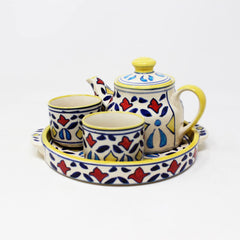 Hand Painted Multicolored Persian Print Tea Set With Kettle | Ceramic Tea Kettle Set With 2 Cups, 150ml Each + 1 Kettle, 400ml + 1 Tray | 4 Pieces - Microwave Safe & Dishwasher Safe