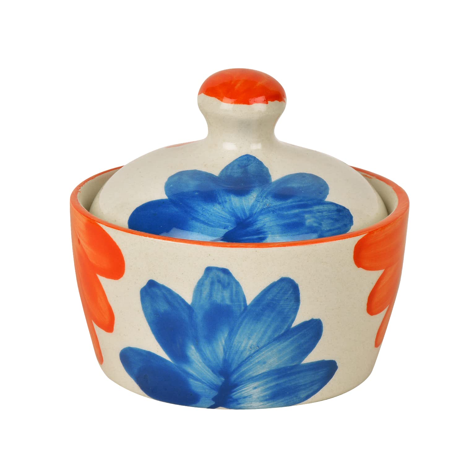 Hand Painted Ceramic Butter Pot With Lid - Red & Blue, 300ml | Chutney Jar - Pickle Pot, Jam Jar