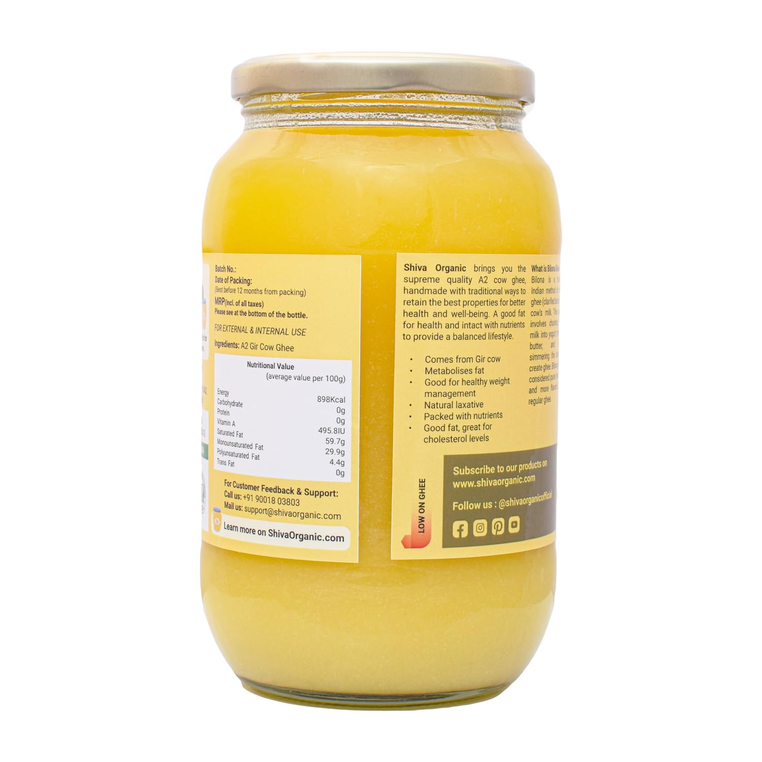 Pure Natural A2 Gir Cow Ghee By Shiva Organic | High In Protein Fiber & Healthy Delicious Desi Ghee Good For Dishes | (1 Litr) 33.8 Ounce | Jar Pack