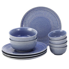 Handcrafted Ceramic Dinner Set Of 10 Pcs With Serving Bowls Set - Mist Blue | 4 Dinner Plates + 4 Small Dinner Bowl, 180ml Each + 2 Serving Bowl, 1000ml Each | Dishwasher Safe - Serving For 4