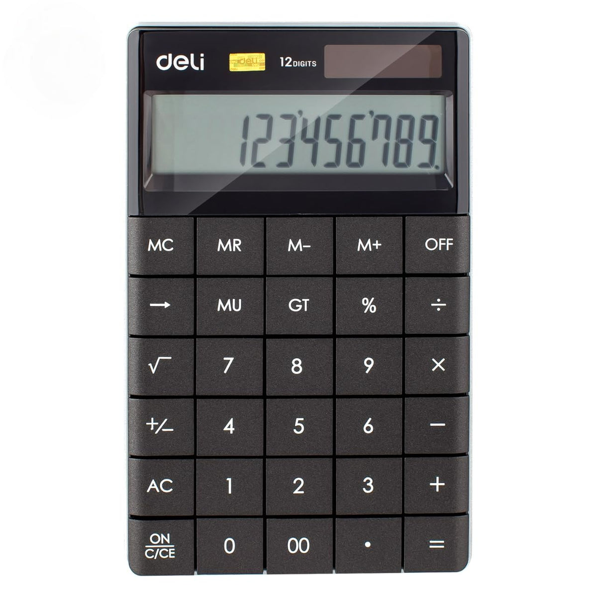 Deli 1589 Modern Calculator- Black | Operates On Solar Power And Battery Backup, Ensuring