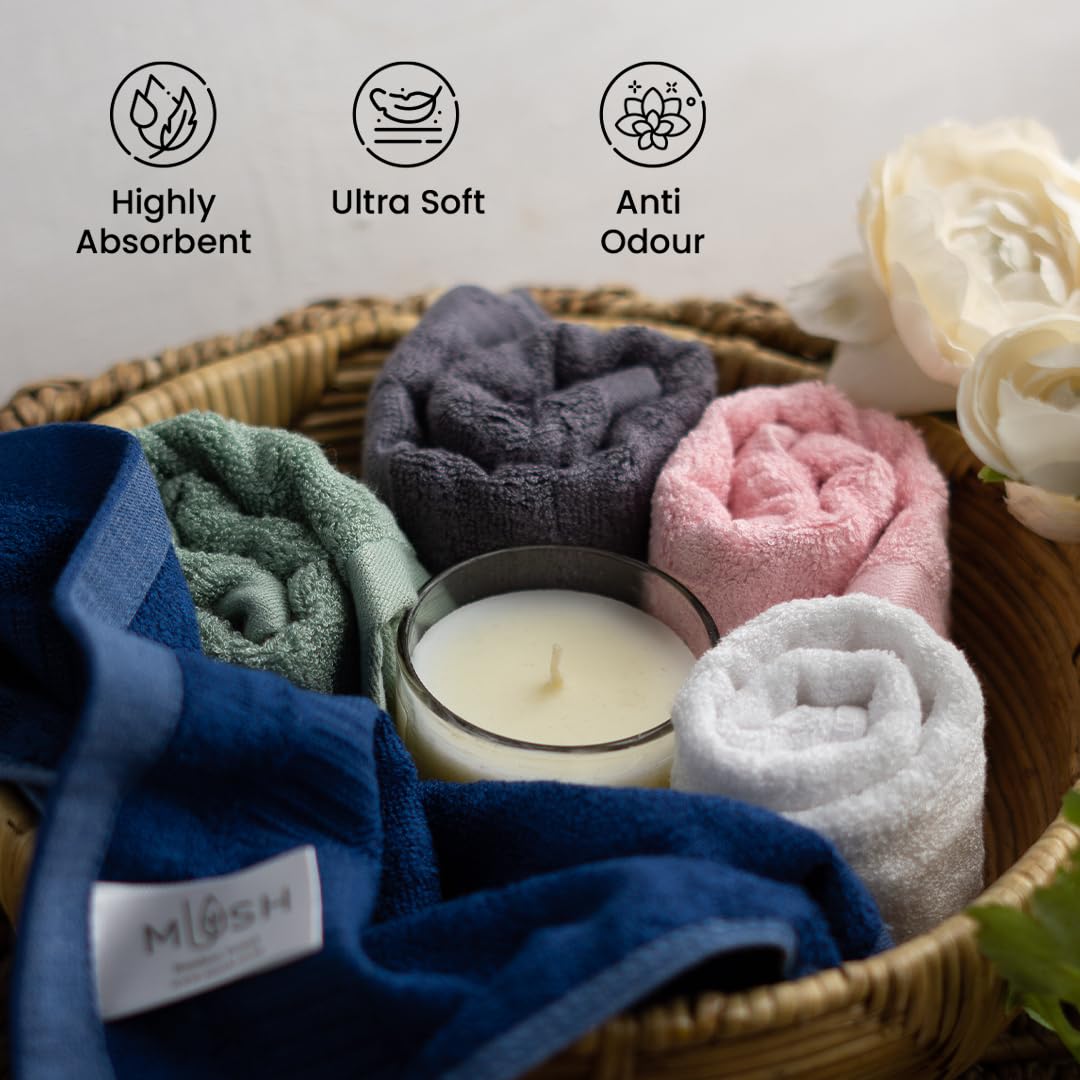Mush 100% Bamboo Face Towel Set 550gsm | Anti Microbial Bamboo Face Towel For Women & Men | Set Of 12 - Olive Green, Cream, Navy Blue, Sky Blue, Grey Pink