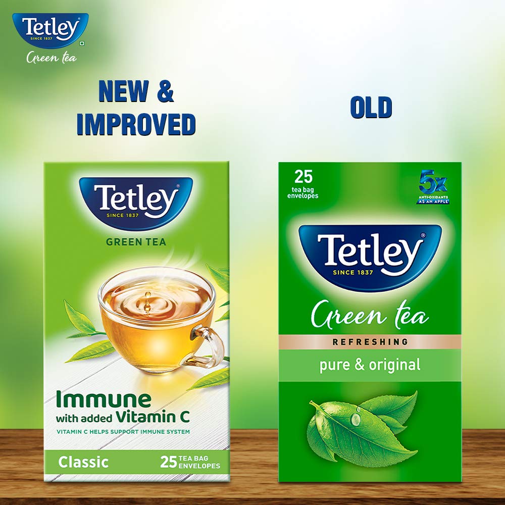 Tetley Classic Green Tea - 25 Tea Bags | Immune With Added Vitamin C - Supports Immune System, Boosts Metabolism | Low Caffeine, Rich In Antioxidants