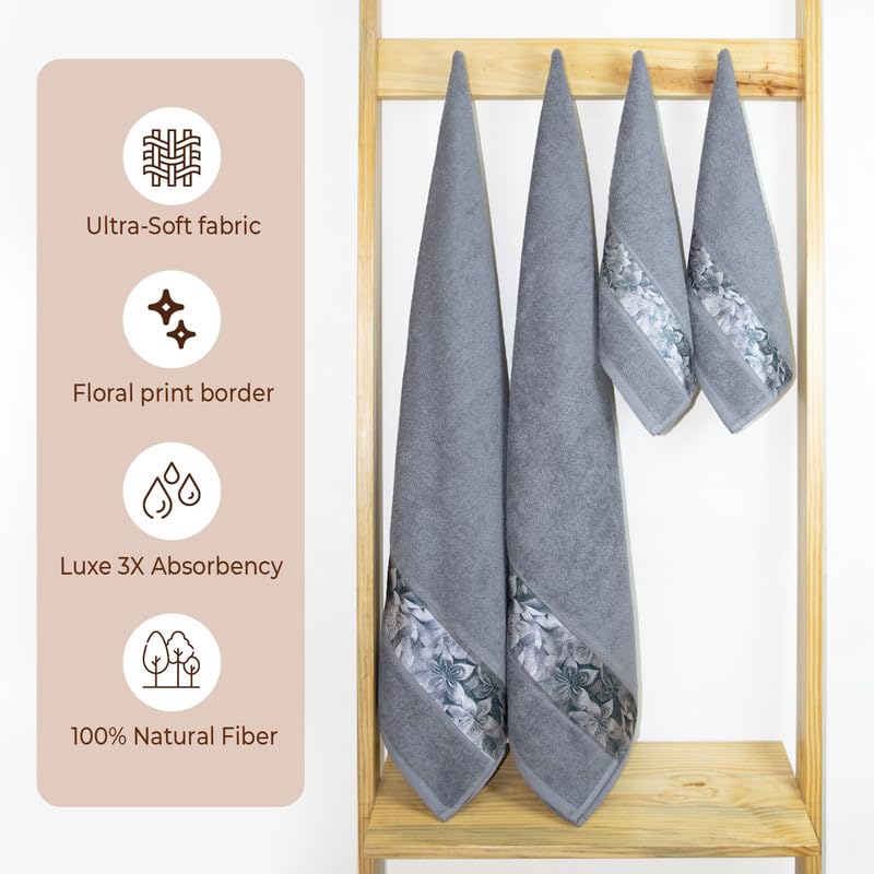 Rangoli 100% Cotton Fibre 2 Hand & 2 Bath Towels 1400 Gsm | Highly Durable & Absorbent With Printed Border | Quick Drying Towels (Grey) - Pack Of 4