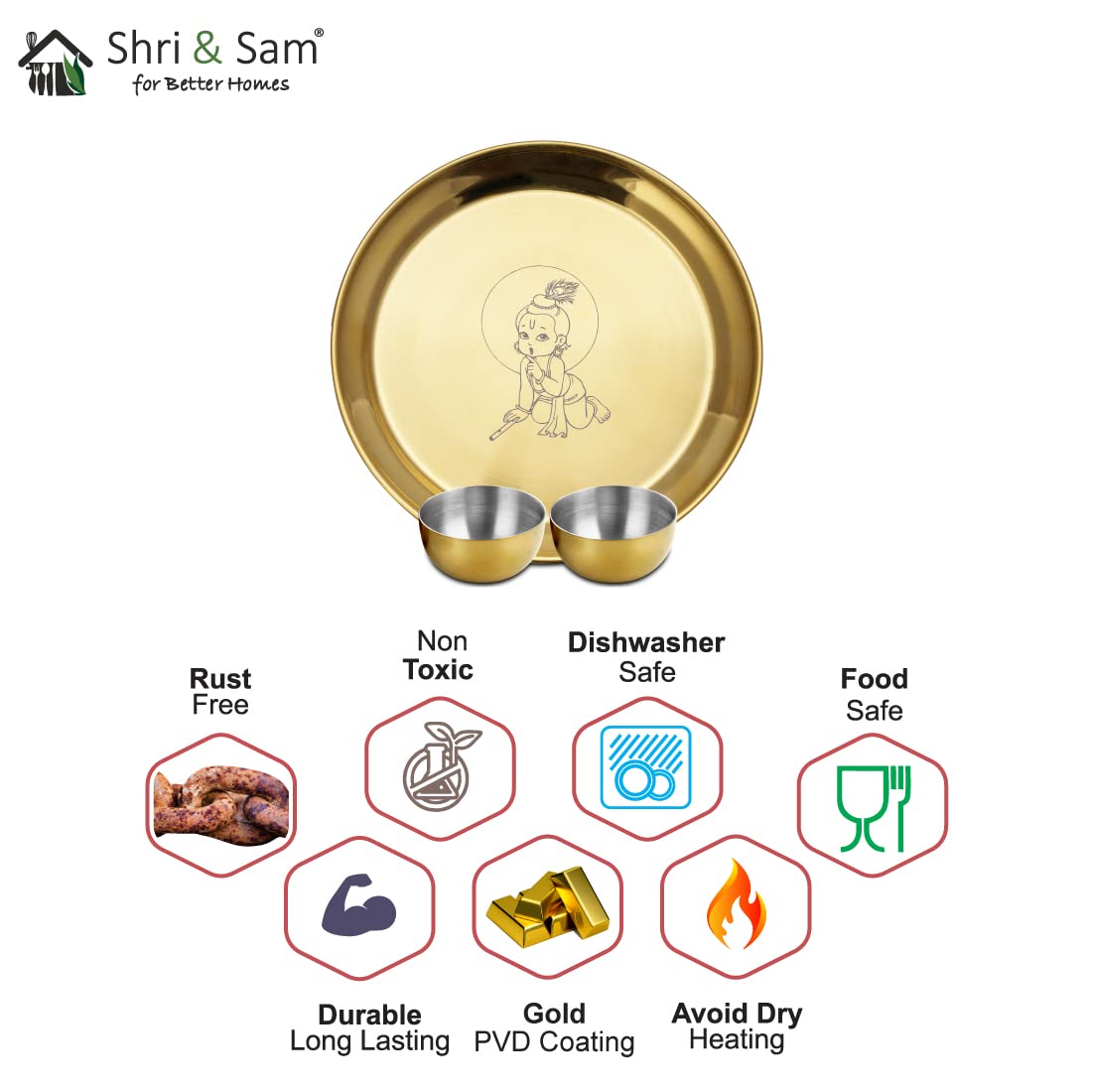 High Grade Stainless Steel Kanha Pooja Thali Set With Gold PVD Coating, 3 Pieces | 1 Pooja Thali+ 2 Katoris - Easy To Clean & Dishwasher Safe