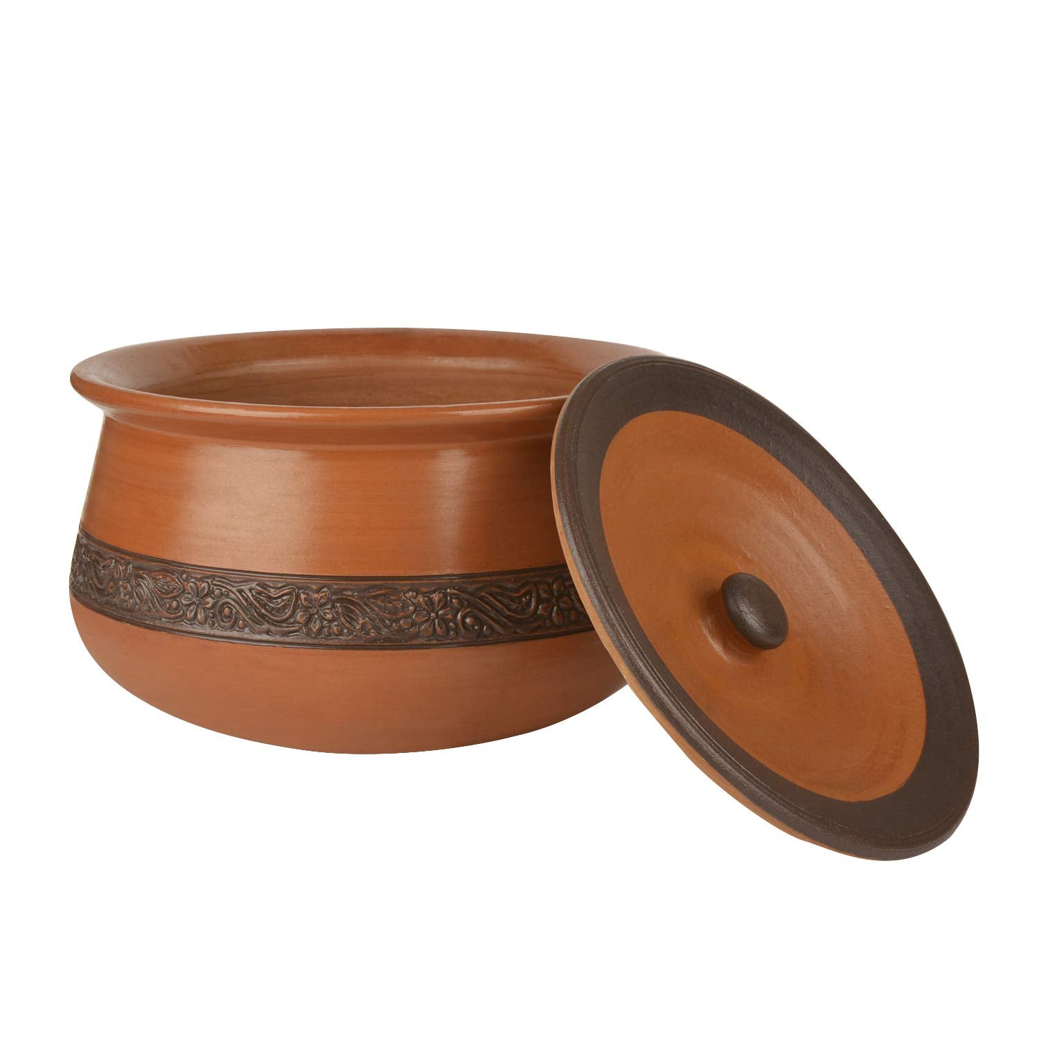 Handcrafted Ornately Designed Earthenware Handi With Lid - Brown, 2 Liters | Clay Dahi Handi - Cooking & Serving Pot