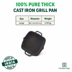 Pre-Seasoned Black Cast Iron Grill Pan With Double Handle - Medium, 26.7 Cm, 10.5 Inch, 1.8 Liters, 3.3 Kg | Induction Friendly, 100% Pure & Toxin-Free, No Chemical Coating