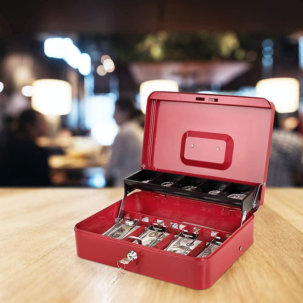 Cash Box With Key Lock, Metal Cash Box With Money Tray, Cash Register,5 Compartments Cantilever Tray & 4 Spring - Clips For Bills,11.81"X 9.45"X 3.54" Colour - Red