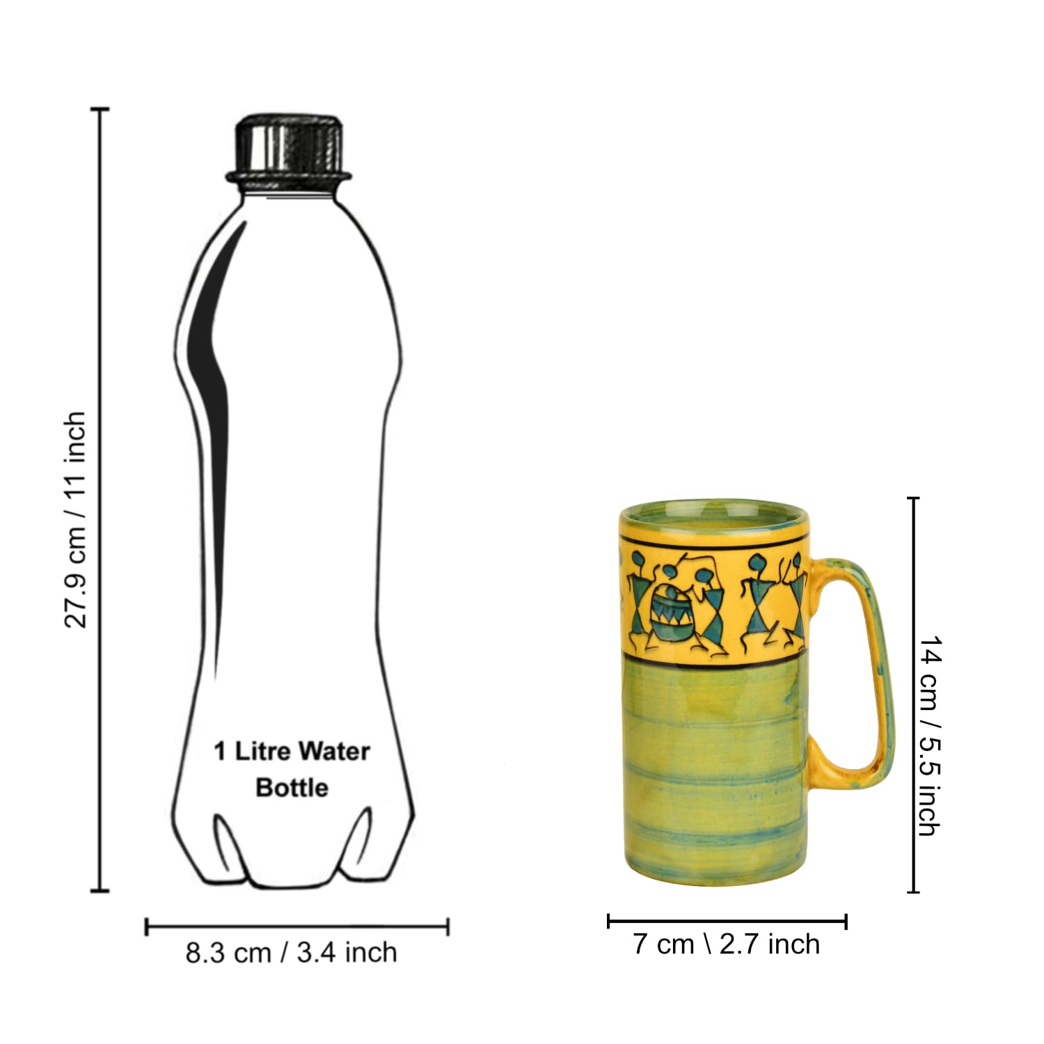 Ceramic Hand-Painted Worli Art Tall Beer Mugs Set Of 2 - 450ml Each, Green & Golden | Large Beer Glasses - Big Milk Mugs