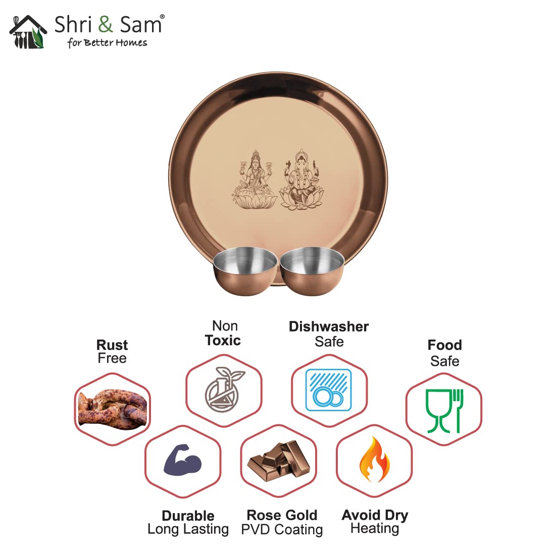 Stainless Steel Laxmi & Ganesh Ji Pooja Thali Set Of 3, Rose Gold PVD Coating | 1 Pooja Thali+ 2 Katoris - Easy To Clean & Dishwasher Safe