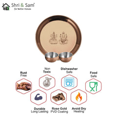 Stainless Steel Laxmi & Ganesh Ji Pooja Thali Set Of 3, Rose Gold PVD Coating | 1 Pooja Thali+ 2 Katoris - Easy To Clean & Dishwasher Safe