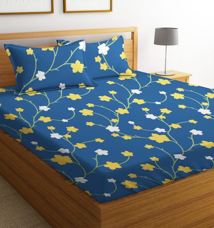 Printed Double Bedsheets King Size With 2 Pillow Cover - 90 X 90 Inches, Blue | Breathable & Wrinkle Free-Super Soft Premium Brushed Glace Cotton Bedsheet