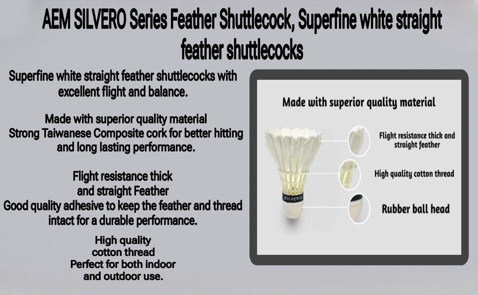 AEM Silvero Badminton Shuttlecock Straight Feather | Pack of 10 , White