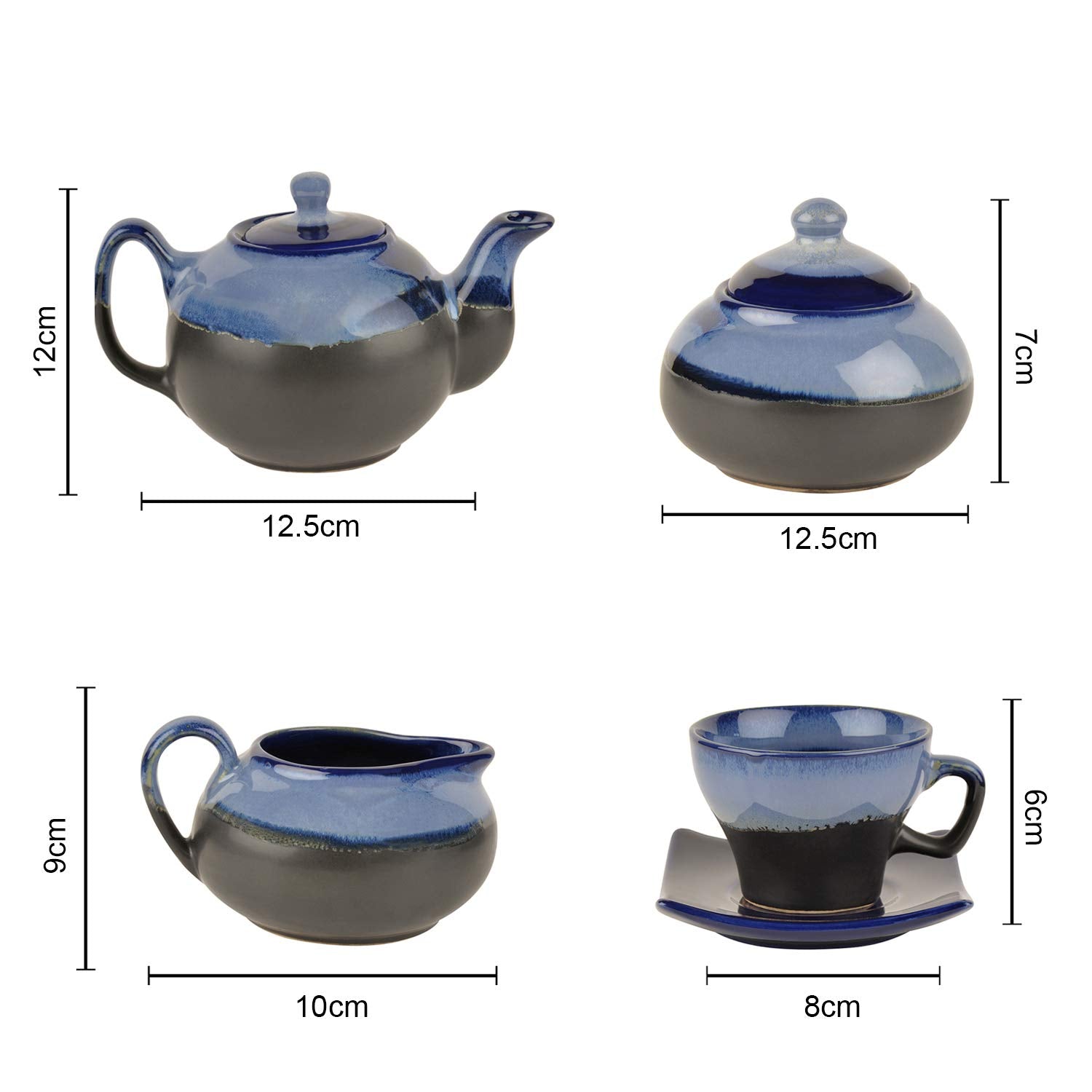 Hand Glazed Dual Tone Ceramic 7 Pieces Morning Set - 1 Tea Pot + 1 Milk Pot + 1 Sugar Pot + 2 Cups With 2 Saucer, Black & Blue